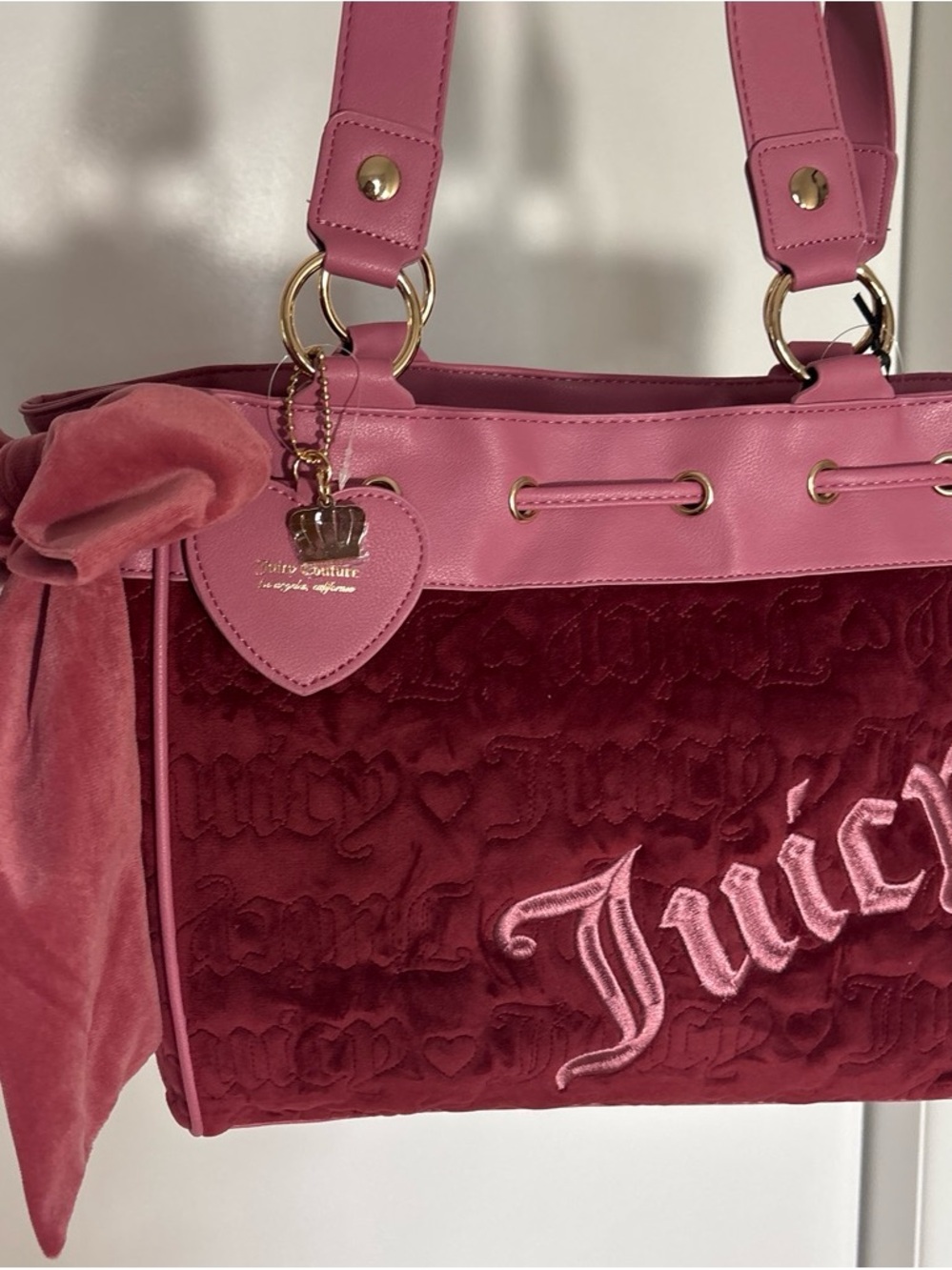 Juicy Couture Pink and Wine cranberry juicy embroidered Velvet Tote Bag